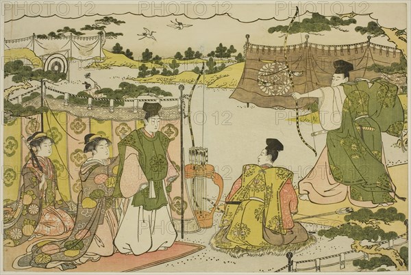 The First Archery Practice of the New Year (Yumi hajime), from the illustrated book..., c. 1787. Creator: Torii Kiyonaga.