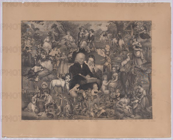 Collage of printed elements centered on a Man and Young Woman Reading, 1851-1866. Creator: Illman Brothers.