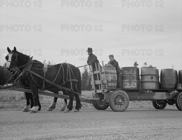 Possibly: Farmer and his boy hauling water for drinking and domest..., Boundary County, Idaho, 1939. Creator: Dorothea Lange.