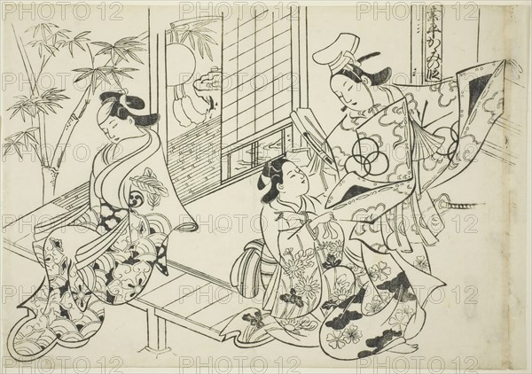 Narihira: The Mirror Scene (Narihira kagami no dan), from the series "Famous Scenes..., c. 1705/06. Creator: Okumura Masanobu.