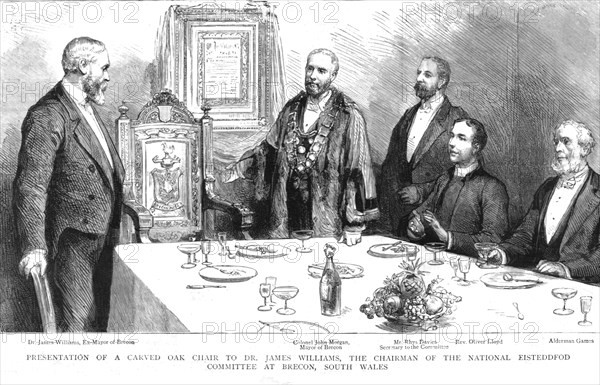 ''Presentation of a Carved Oak Chair to Dr. James Williams, the Chairman of the National...', 1890. Creator: Unknown.