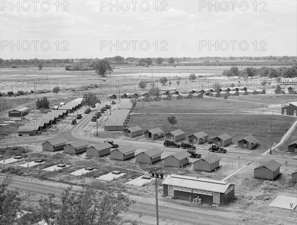 Three units of the camp, each with its sanitary..., Farmersville, Tulare County, CA, 1939. Creator: Dorothea Lange.