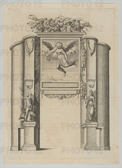 Triumphal arch, from 'Éloges et discours sur la triomphante réception du Roy en sa ville d..., 1629. Creator: Melchior Tavernier.