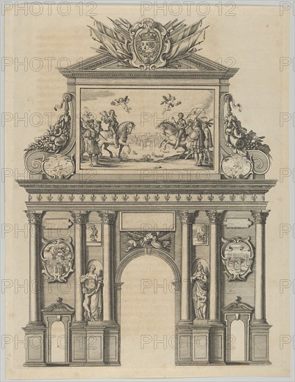 Triumphal arch, from 'Éloges et discours sur la triomphante réception du Roy en sa ville d..., 1629. Creator: Melchior Tavernier.