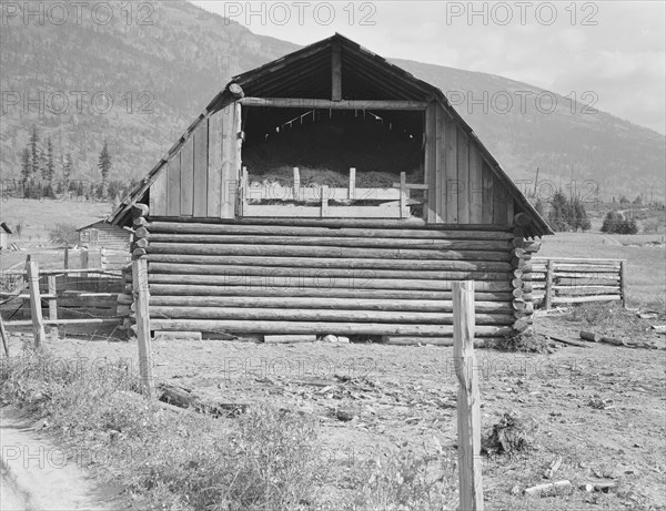 Log barn, FSA borrower plans to develop dairy ranch, Boundary County, Idaho, 1939. Creator: Dorothea Lange.