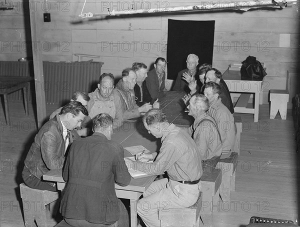 Meeting of the camp council, FSA camp, Farmersville, California, 1939. Creator: Dorothea Lange.