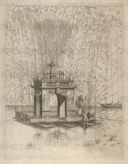 Fireworks display with triumphal arch supported by three pontoons on the water, de..., 17th century. Creator: Anon.