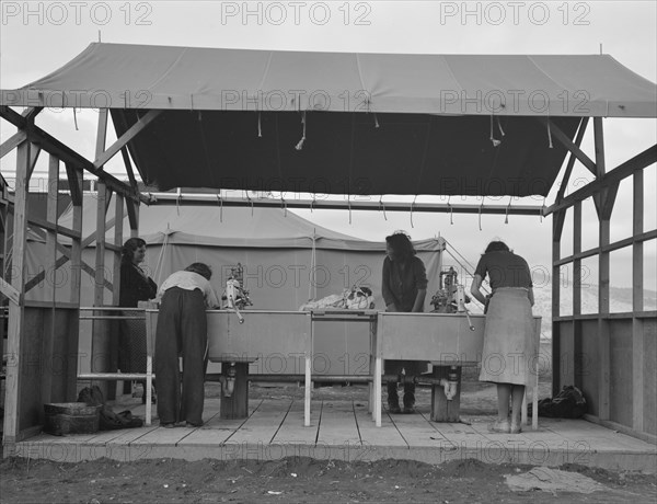 Portable laundry unit, shower unit beyond, FSA camp, Merrill, Oregon, 1939. Creator: Dorothea Lange.