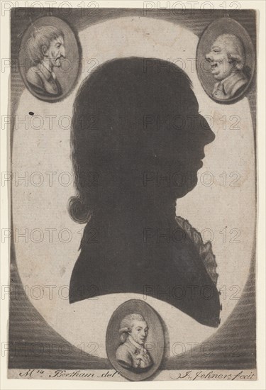 Edward Beetham, bust in profile to right in an oval, with two caricature heads, 1770-1818. Creator: Isaak Jehner.