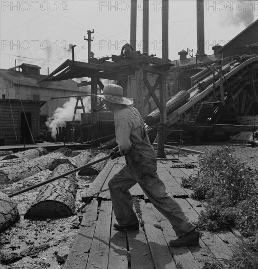 Pond monkey guides..., Pelican Bay Lumber Company mill, Klamath Falls, Oregon, 1939. Creator: Dorothea Lange.