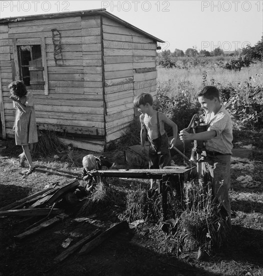 Possibly: Bean pickers' children in camp at end..., near West Stayton, Marion County, Oregon, 1939. Creator: Dorothea Lange.