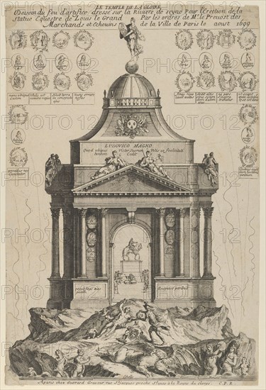 Fireworks celebrating the erection of the Temple of Glory and equestrian statue of Louis l..., 1699. Creator: Anon.