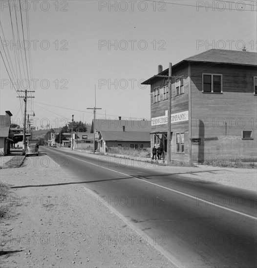 Entering main street from the north, Tenino, Thurston County, Western Washington, 1939. Creator: Dorothea Lange.