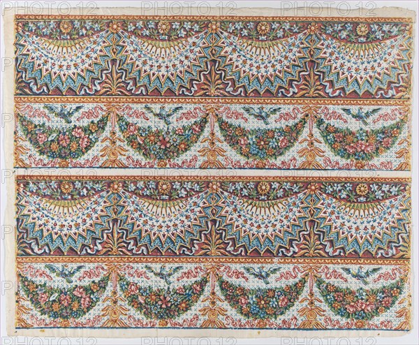 Sheet with a two borders with four hanging draperies,multicolor fest..., late 18th-mid-19th century. Creator: Anon.