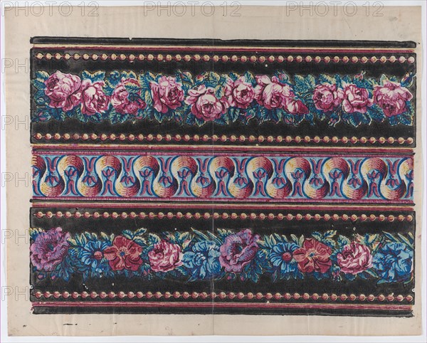 Sheet with a border with pink and multicolor floral garlands on a bl..., late 18th-mid-19th century. Creator: Anon.