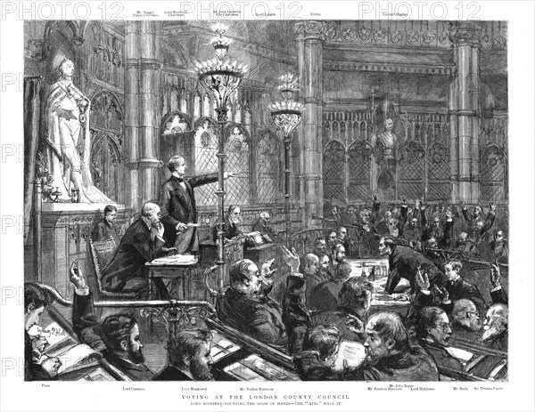 ''Voting at the London County Council; Lord Roseberry counting the show of hands...', 1890. Creator: Unknown.