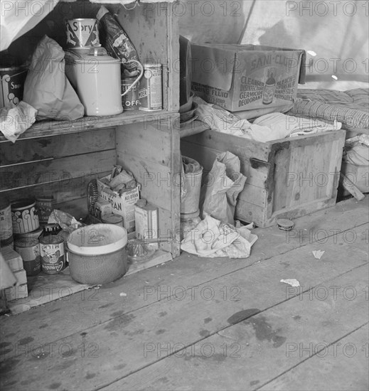 Tent interior in a pea pickers' camp, Santa Clara County, California, 1939. Creator: Dorothea Lange.