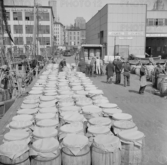 Barrels of fish on the docks at Fulton fish market ready to be shipped to retailers, New York, 1943. Creator: Gordon Parks.