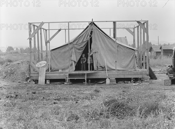 Family living in tent while building the house..., near Klamath Falls, Klamath County, Oregon, 1939. Creator: Dorothea Lange.