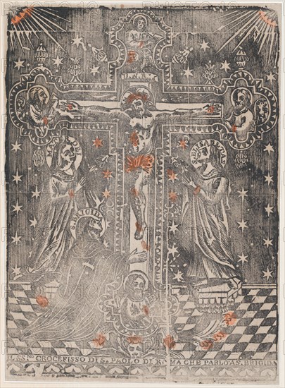 Christ on the cross flanked by the Virgin, Saint Brigit and Saint Eli..., ca. 1480-1500 (restrike?). Creator: Anon.