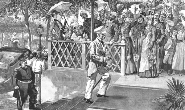 ''Mr. Stanley's Arrival at Cairo--Entering Shepheards Hotel after having visited the Khedive', 1890. Creator: Unknown.