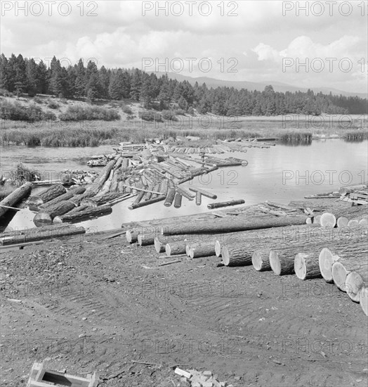 Mill pond. Klamath River beyond. Log rafts and log chute to the mill. Keno, Klamath County, Oregon.