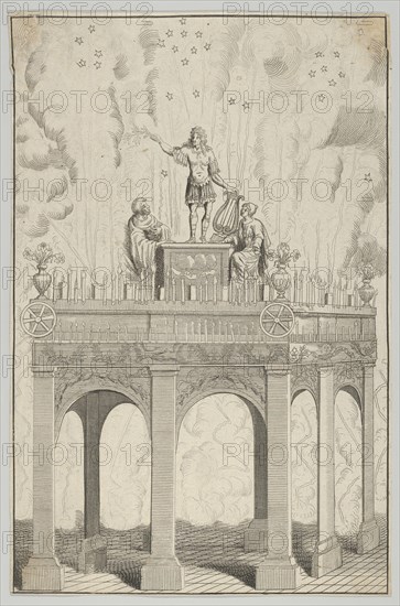 Triumphal arch with sculpture of Louis XIV as Apollo and fireworks in the background, 17th century.