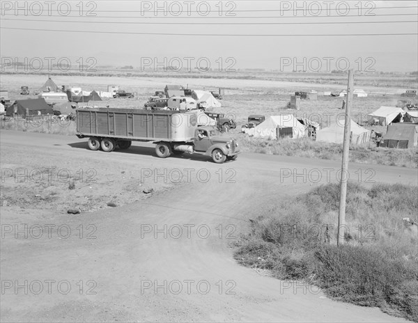 Camp of migrant potato pickers seen from the packing shed. Tulelake, Siskiyou County, California.