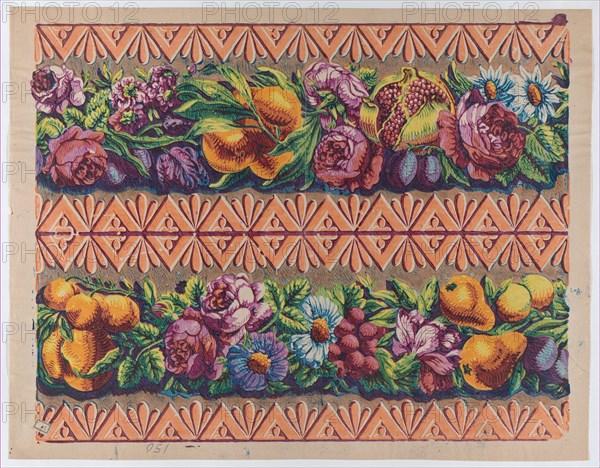 Sheet with a border with two garlands of fruit, leaves, and flowers, late 18th-mid-19th century.