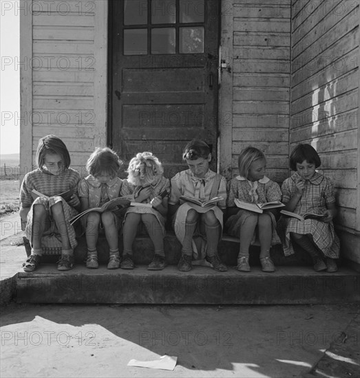 Girls of Lincoln Bench School study their reading lesson. Near Ontario, Malheur County, Oregon.