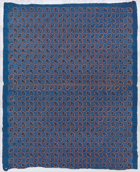 Blue sheet with two borders with a white floral and lace pattern, late 18th-mid-19th century.