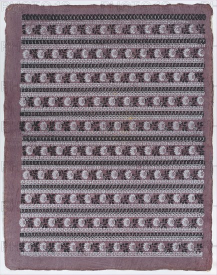 Sheet with ten borders with floral patterns on purple background, late 18th-mid-19th century.