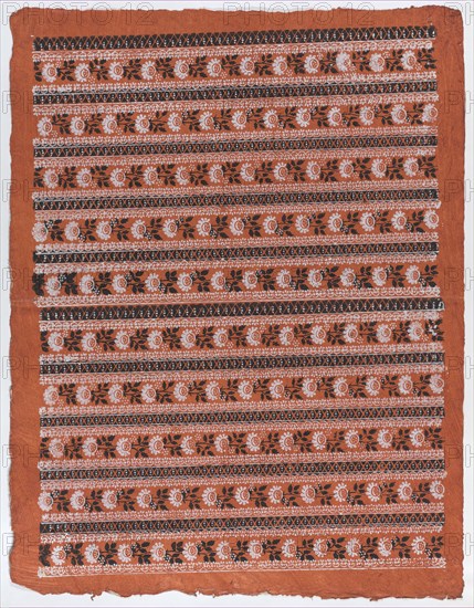 Sheet with ten borders with floral patterns on orange background, late 18th-mid-19th century.