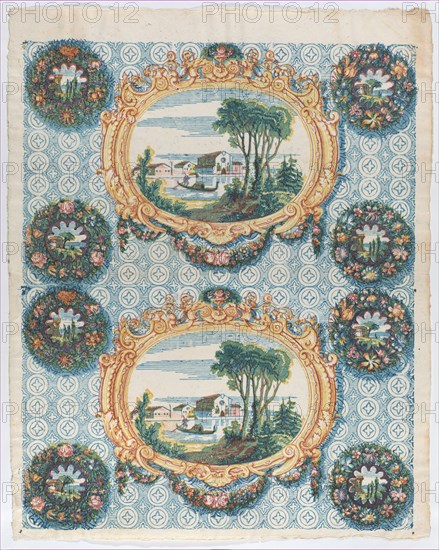 Sheet with two borders with landscapes within frames and wreaths, late 18th-mid-19th century.