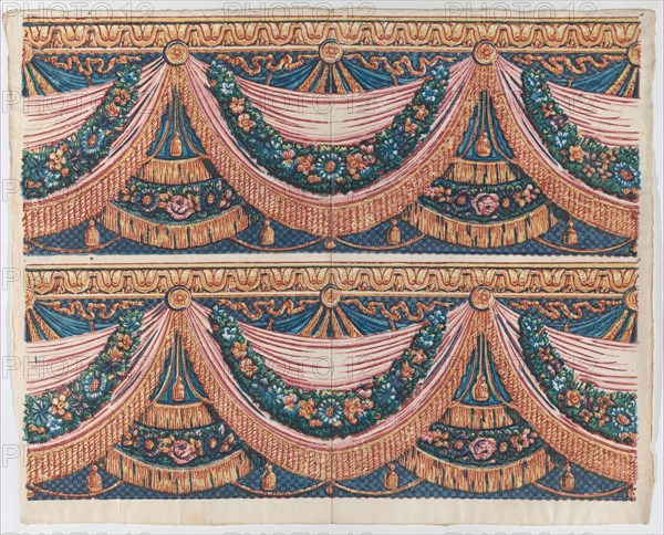 Sheet with two borders with draped curtains and floral garlands, late 18th-mid-19th century.