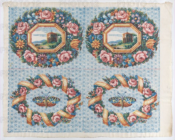 Sheet with two borders with a landscape and moth within wreaths, late 18th-mid-19th century.