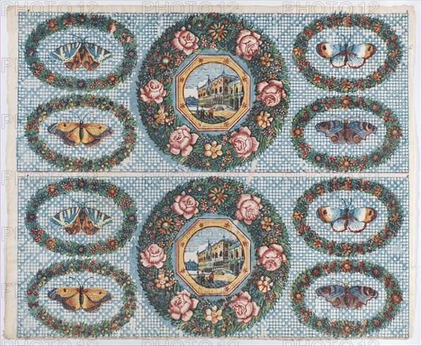 Sheet with two borders with landscapes and moths within wreaths, late 18th-mid-19th century.
