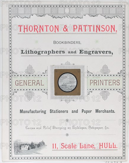 Trade Card for Thorton & Pattinson, Bookbinders, Lithographers and Engravers, 19th century.