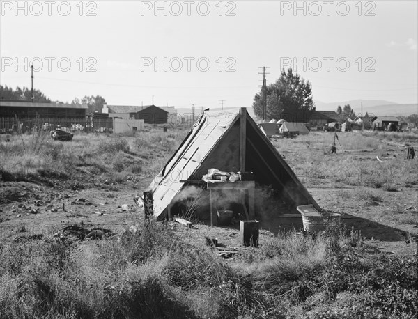 One of the forty potato camps in open field, entering town. Malin, Klamath County, Oregon.