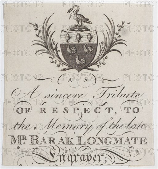 Memorial Card for Mr. Barak Longmate, genealogical editor and heraldic engraver, ca. 1793.