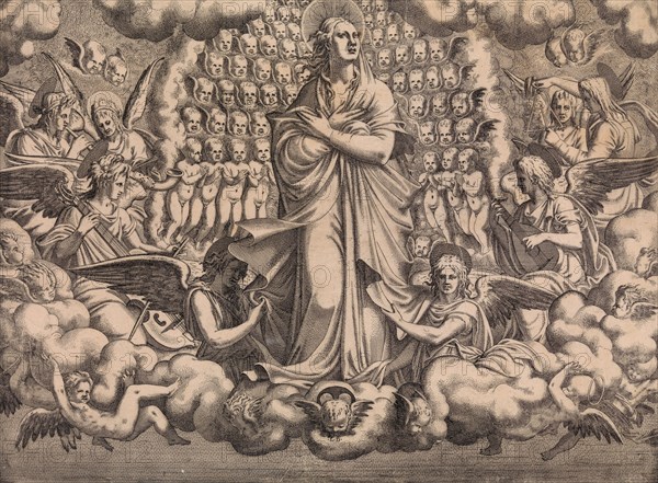 The Apostles looking at Christ and the Virgin in a Glory of Angels (top left plate), 1546.