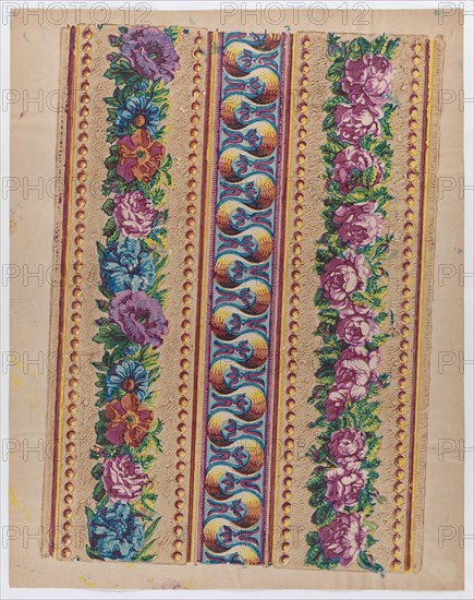 Sheet with a border with pink and multicolor floral garlands, late 18th-mid-19th century.