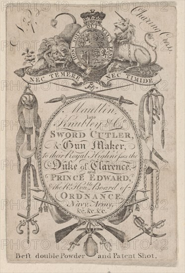 Trade Card Bearing the Name of the Late Gunmaker John Knubley (1750-1795), ca. 1795-1804.