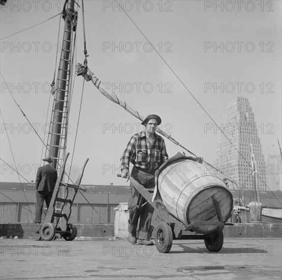 New York, New York. Dock stevedore at the Fulton fish market moving a barrel of codfish.