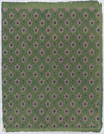 Sheet with overall pink floral pattern on green background, late 18th-mid-19th century.