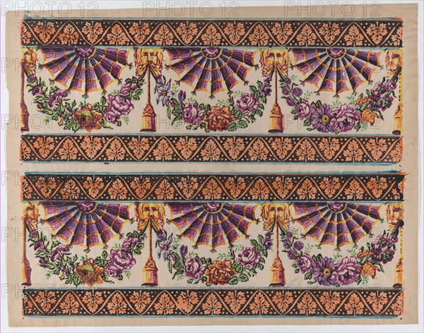 Sheet with two borders with three fans and floral garlands, late 18th-mid-19th century.