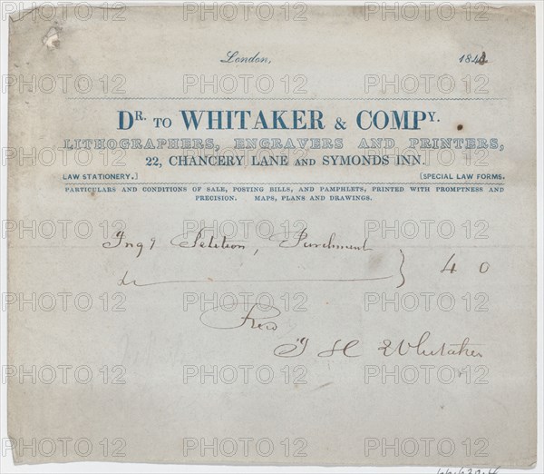 Trade Card for Dr. Whitaker & Co., Lithogravers, Engravers and Printers, 19th century.
