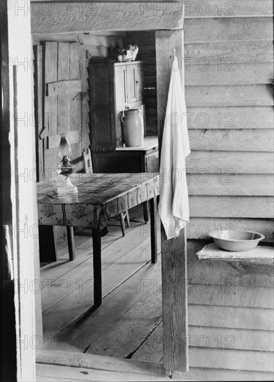 Washstand in the dog run and kitchen of Floyd Burroughs' cabin. Hale County, Alabama.