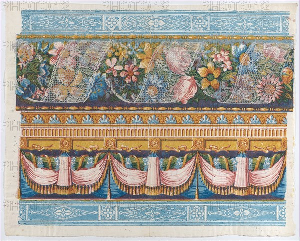 Sheet with lace atop a floral garland with drapery below, late 18th-mid-19th century.