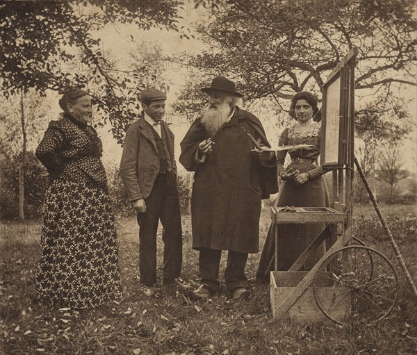 Camille Pissarro, Julie, Jeanne and Ludovic-Rodo at an easel in the orchard, c1890s.
